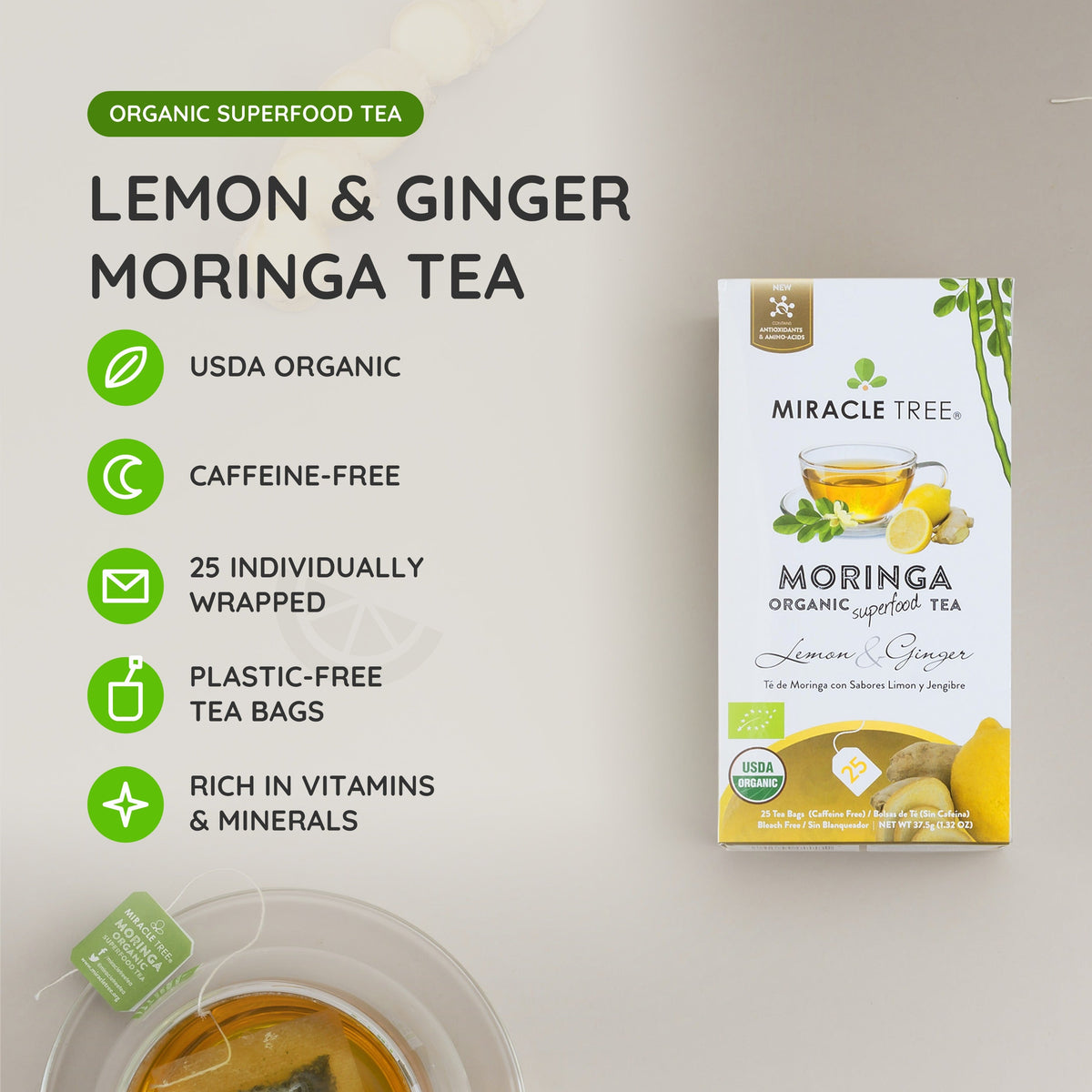Organic Moringa Tea - Lemon & Ginger - Caffeine-Free Herbal Tea