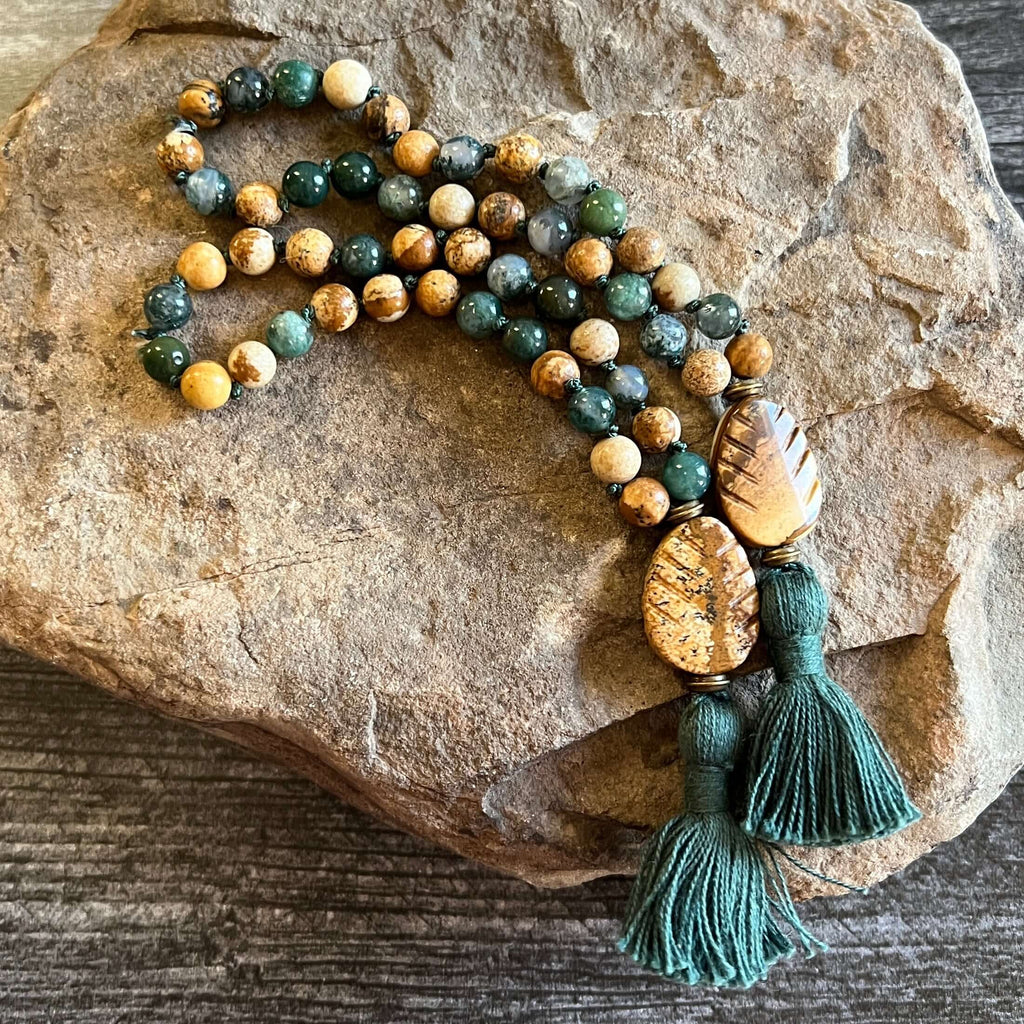 Pine Tree Meditation Mala – 27 Beads of Picture Jasper & Moss Agate