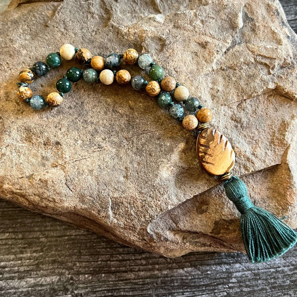Pine Tree Meditation Mala – 27 Beads of Picture Jasper & Moss Agate