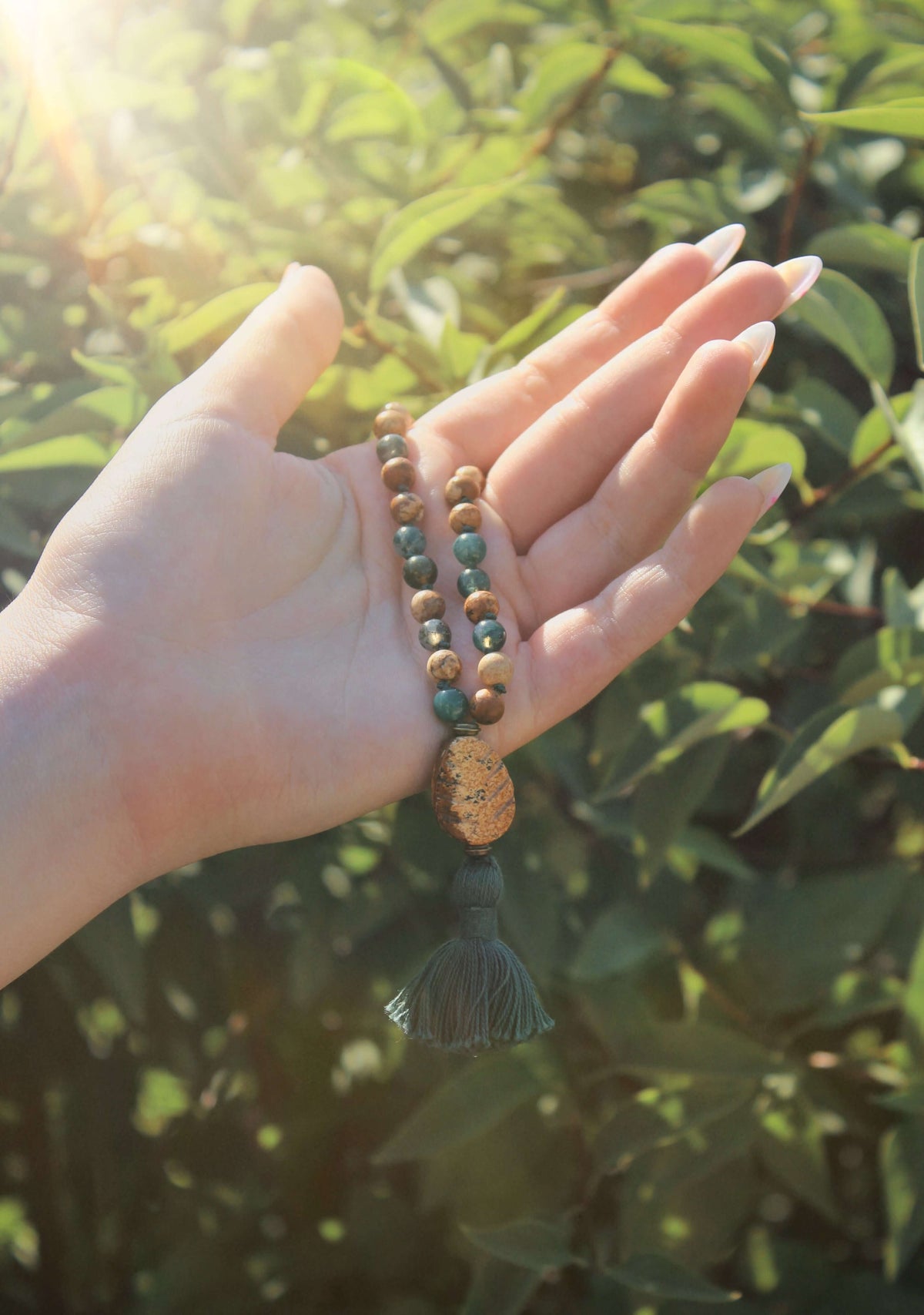 Pine Tree Meditation Mala – 27 Beads of Picture Jasper & Moss Agate