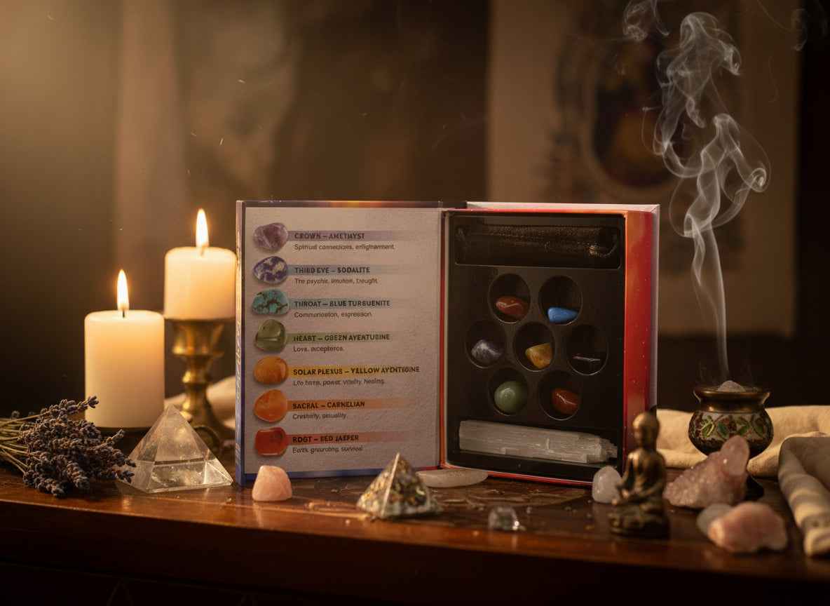 7 Chakra Stone Kit with Selenite Crystal Wand – Ideal for Energy Balance and Healing